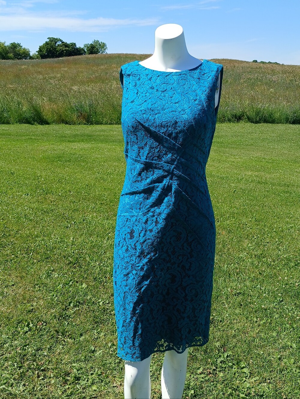 Adrianna Papell Teal Lace Sleeveless Sheath Dress Ruched Cocktail Evening size 4 - Picture 8 of 10